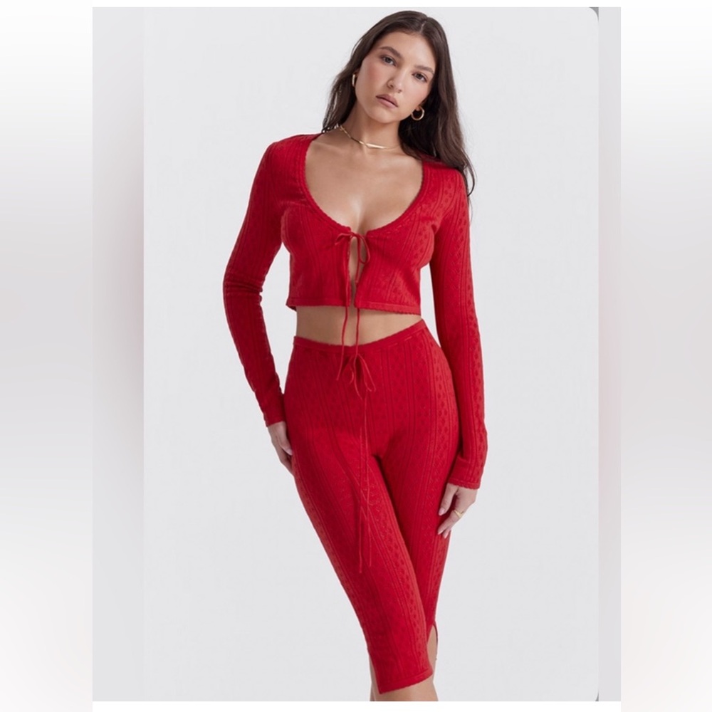House of CB Red Knit Tie-Front Crop Cardigan & Midi Pants Set